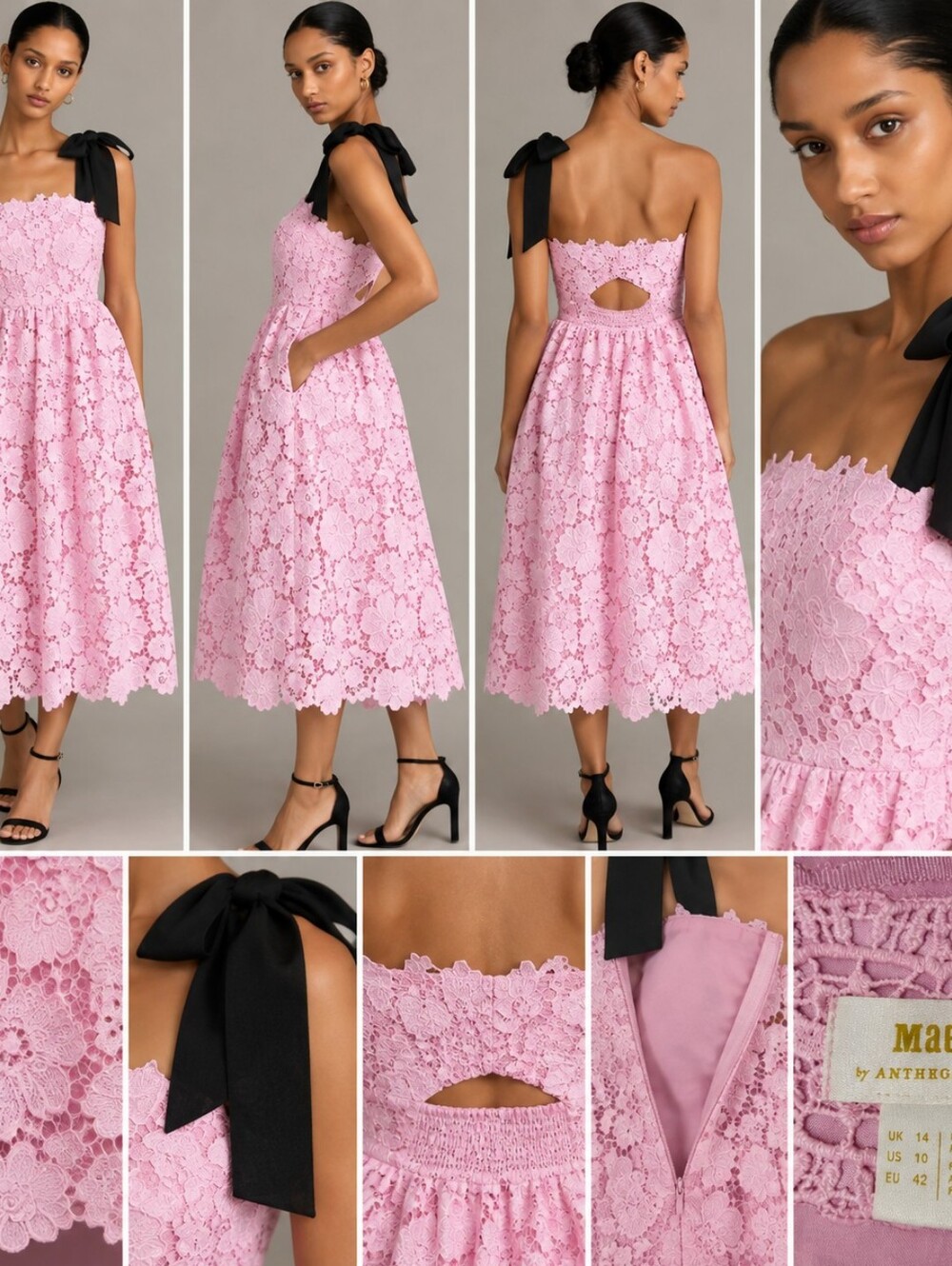 Anthropologie Maeve Pink Lace One-Shoulder Bow Midi Dress Size 10